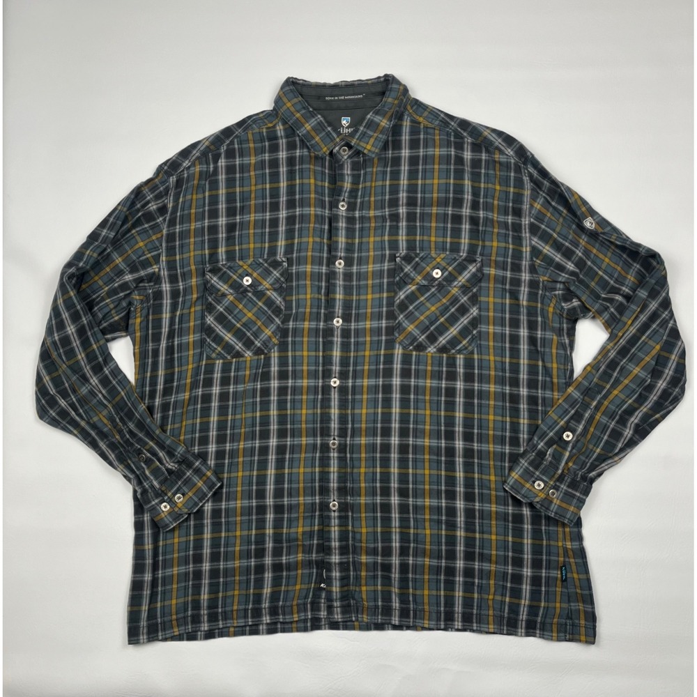 KUHL Dillingr Flannel Button Down Shirt Mens XXL Blue Yellow Outdoor Plaid